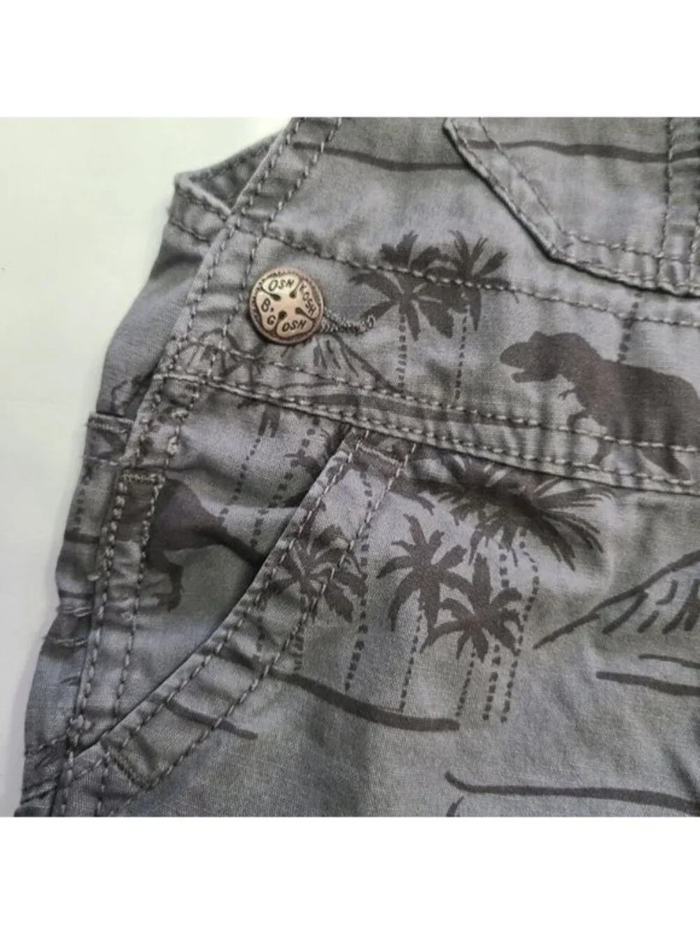 OshKosh B'gosh Dino Shortalls Baby Boys 6M Gray Dinosaur Overall Shorts Cotton
